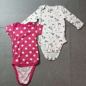 Pair of girls onesies- Pink and White Polka Dot & Unicorn Print 3m/3-9m